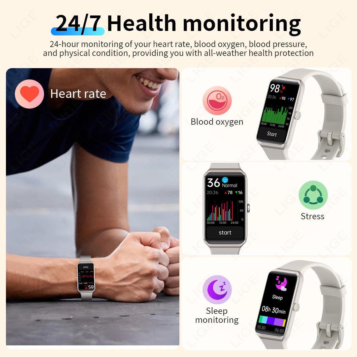 LIGE 2024 New Smart Bracelet Women Heart Rate Blood Oxygen Monitor Sleep Tracker Smartwatch Calories Sport Step Smart Watch Men