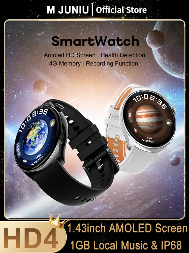 2024 NEW For Android Watch HD4 AMOLED Smart Watch Men 1.43" HD Screen 1GB Local Music Men Waterproof Smartwatch