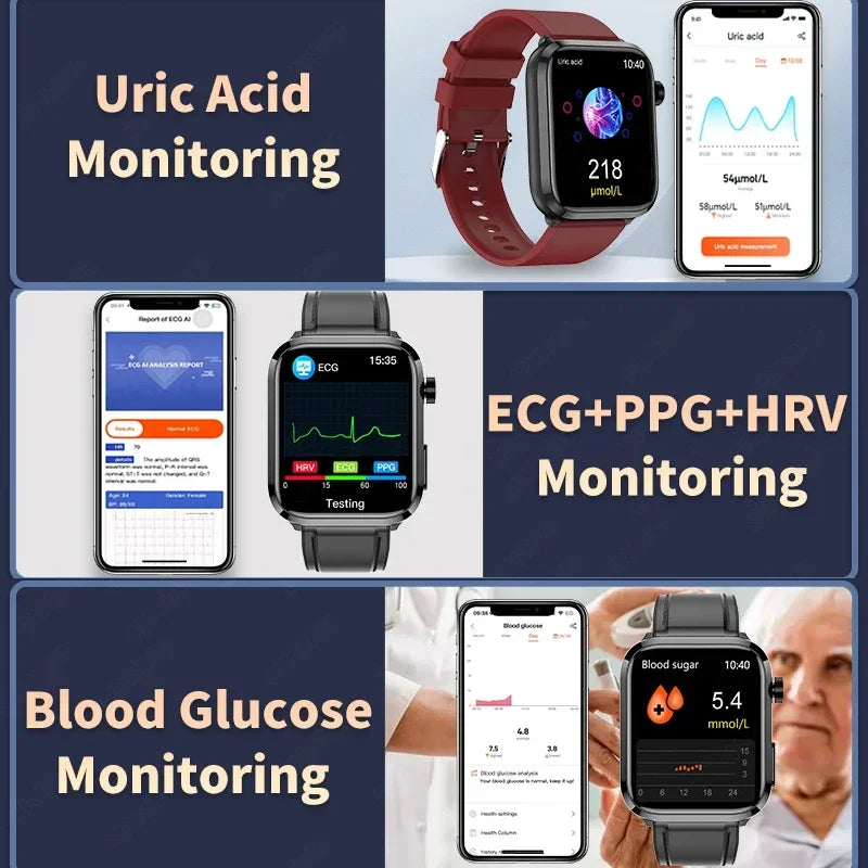 2024 New Blood Lipids Uric Acid Blood Glucose Smart Watch Men ECG+PPG Fitness Tracker Clock Heart Rate Bluetooth call Smartwatch