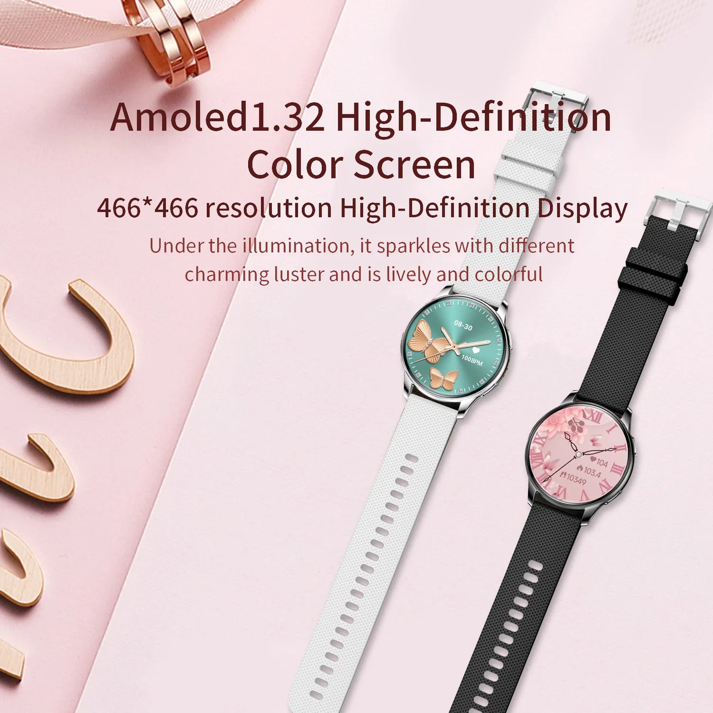 2024 Fashion Smart Watch for Women Lady Health Monitoring 1.32inch Screen IP67 Waterproof BT Calling Diamond Fashion Smartwatch