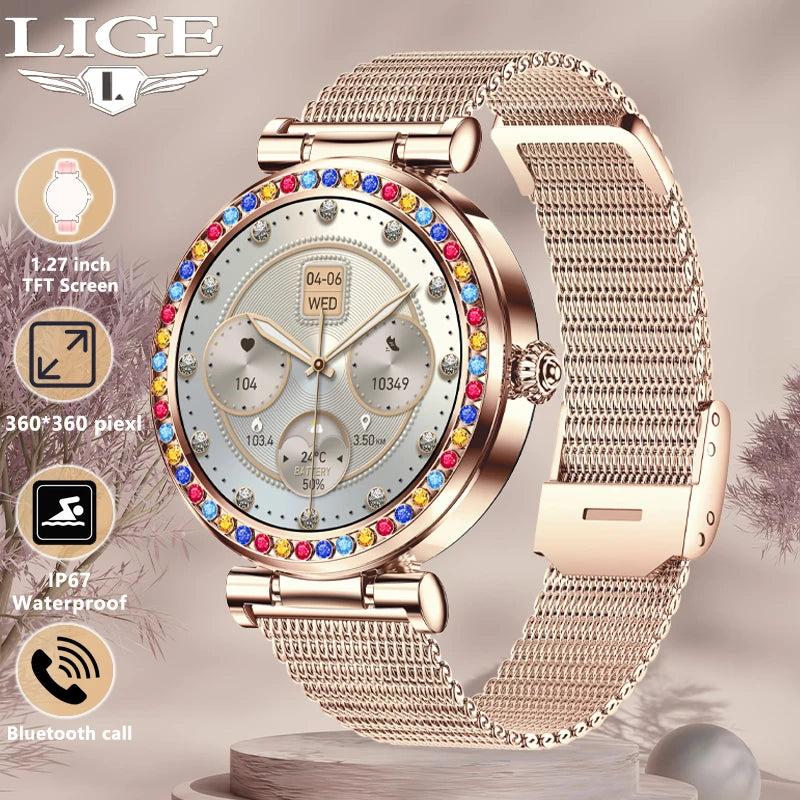 LIGE Pretty Colored-diamonds Smart Watch Woman 2024 Bluetooth Call Waterproof Smartwatch Women Custom Watch Face Ladies Watches