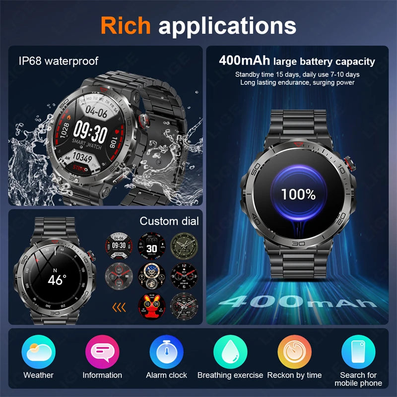 2024 Outdoor Compass Smartwatch Men 1.43inch AMOLED Sports Fitness Watch Bluetooth Call Waterproof Smart Watch For Huawei Xiaomi