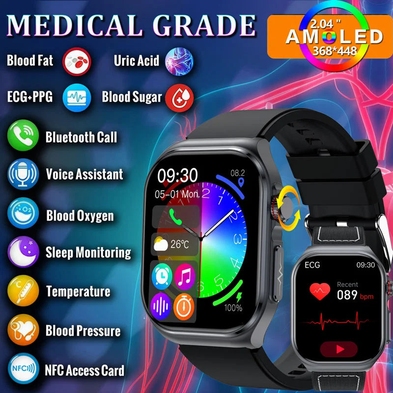 2024 New Medical Grade Smart Watch Men Blood Glucose Lipid Uric Acid Watches NFC 530mAh Health Tracker Call Smartwatch for Women