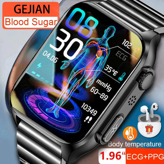 2024 New Non-invasive Blood Sugar Smartwatch Men Voice Calling Wristwatch Body Temperature Stress Test ECG+PPG Waterproof Watch