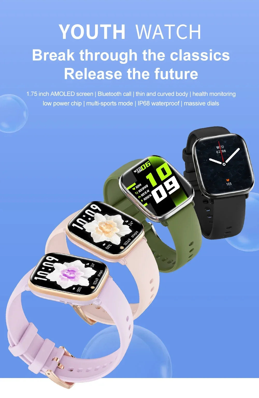 New Women Smartwatch 1.75inch AMOLED HD Screen Bluetooth Call Men Smartwatch Heart rate Sleep Track Waterproof Smartwatch 2024