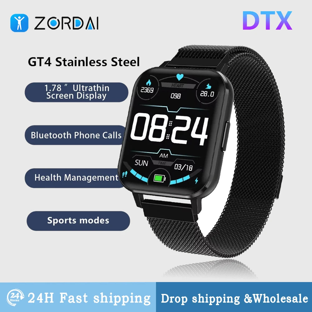 Zordai 2024 DTX For GT4 Smartwatch Sports Heart Rate Sleep Monitor Steel Strap IP67 Waterproof Smart Watch Men Fitness Tracker