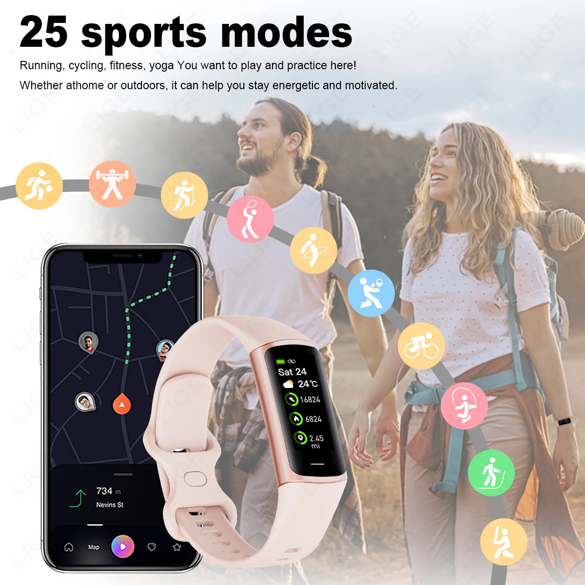 LIGE New Smart Wristband Sport Fitness Heart Rate Tracker Smartwatch AMOLED Screen Waterproof Smart Bracelet For Men Women 2024