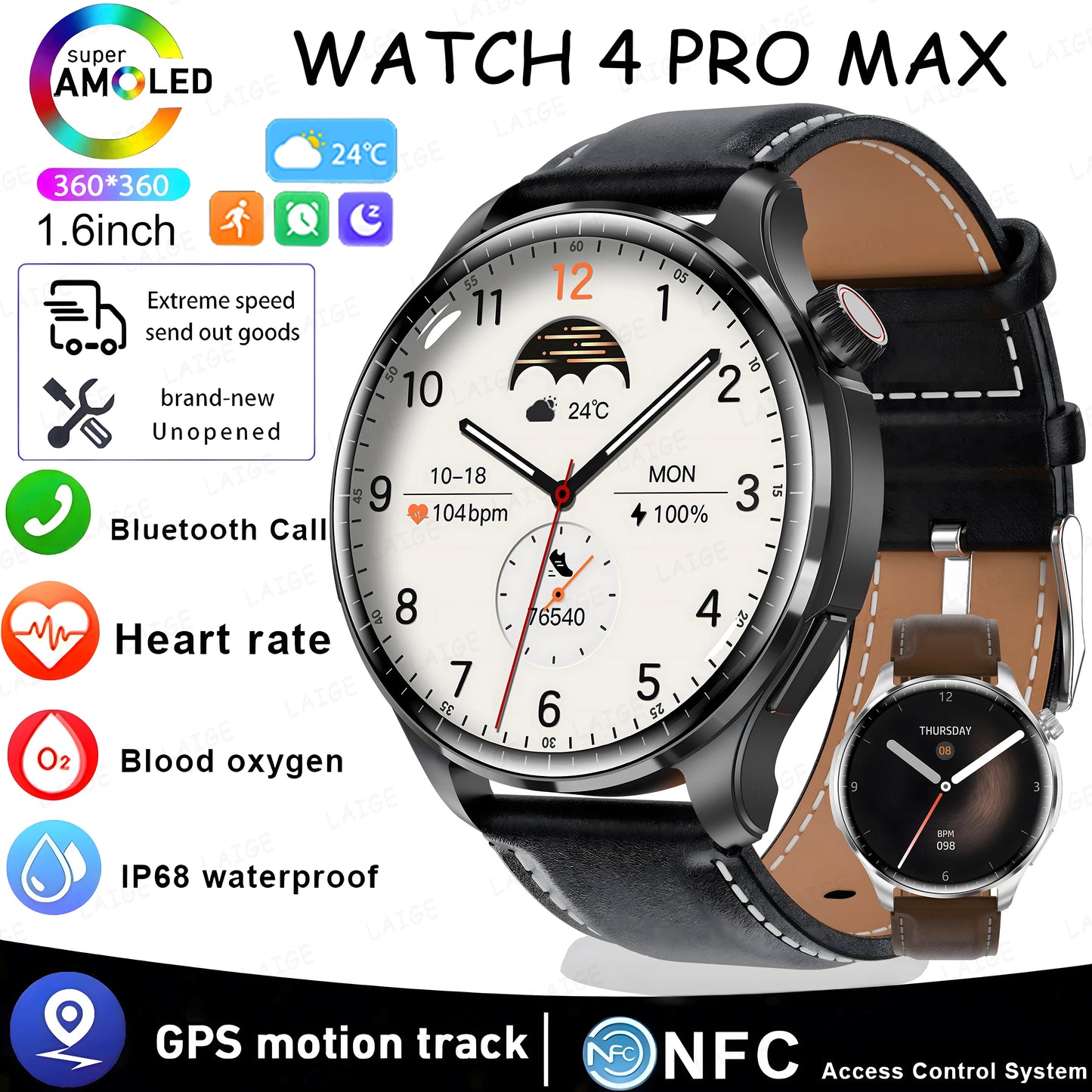 2024 New Business Smart Watch 4 Pro Max Men AMOLED Screen Sport Fitnes Tracker NFC Bluetooth Call Blood Sugar healthy smartwatch