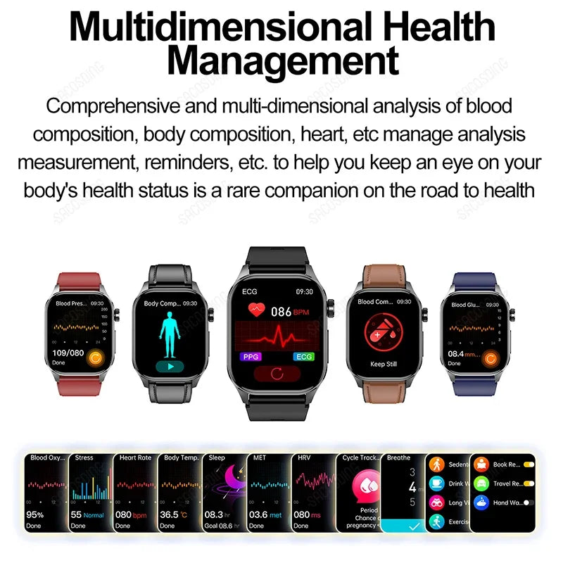 2024 New Blood Lipids Uric Acid Blood Glucose Smart Watch ECG+PPG+HRV Body Composition BMI Body Fat Measurement Smartwatch Men