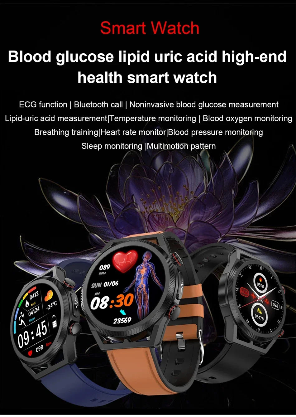 2024 New Uric Acid Non invasive Blood Glucose Smart Watch Mens Bluetooth Call Blood Lipid Blood Oxygen Blood Pressure Smartwatch