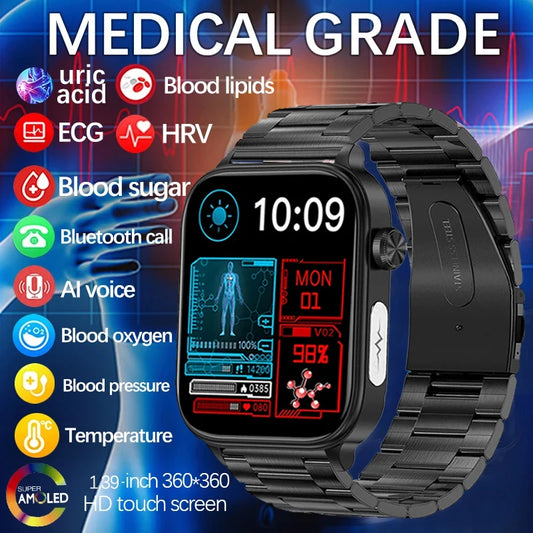 2024 New Blood Lipids Uric Acid Blood Glucose Smart Watch Men ECG+PPG Fitness Tracker Clock Heart Rate Bluetooth call Smartwatch