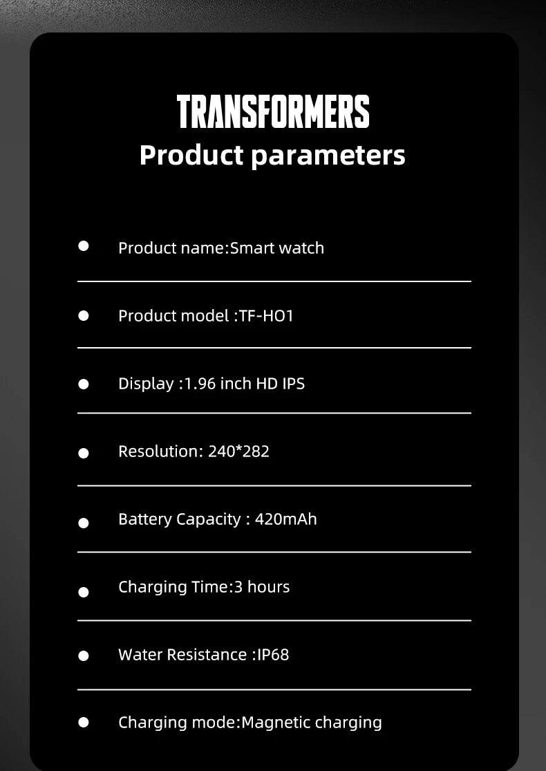 Transformers TF-H01 Smart Watch Multifunctional Sport Step Health Call Message Remind Smartwatch 2024 Alarm Clock Band Choice