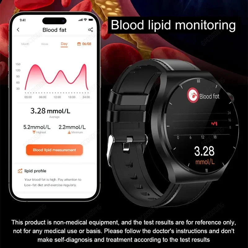 2024 New ECG+PPG AI Medical Diagnosis Uric Acid Non invasive Blood Glucose Smart Watch Men Bluetooth Call Blood Lipid Smartwatch