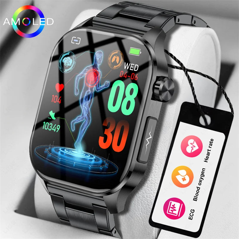 ECG Heart Monitor SOS Bluetooth Call Waterproof Sports Smartwatch 2.04'' HD Screen AI Medical Diagnosis Men Smart Watch 2024 New