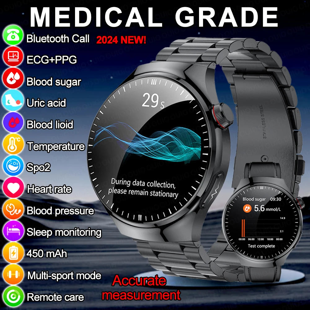 2024 New Blood Lipids Uric Acid Blood Glucose Smart Watch Men ECG+PPG+HRV Fitness Tracker Heart Rate Bluetooth Call Smartwatch