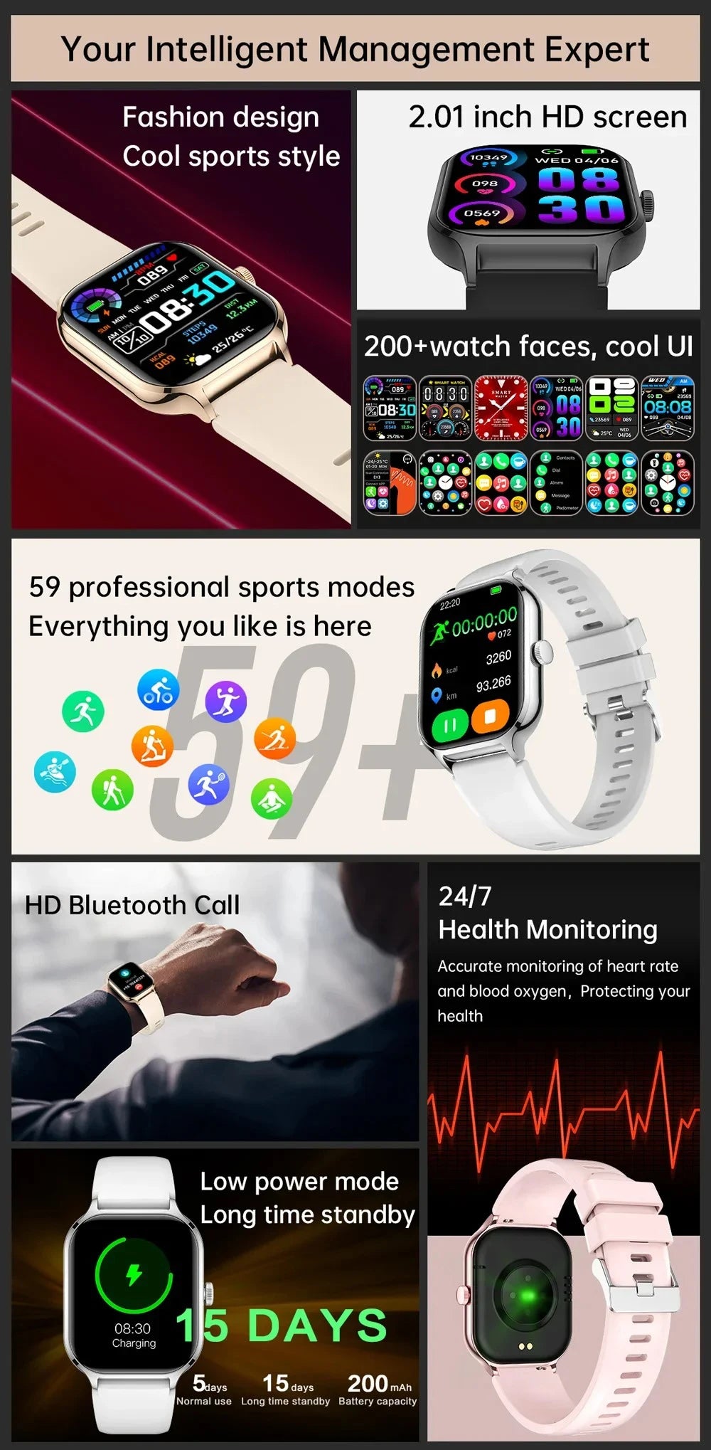 2024 Smarthwhatch 2.01 inch Screen Custom Dial Rotate Button Smart Watch For Men Women Gift Sport Fitness Watches Bluetooth Call