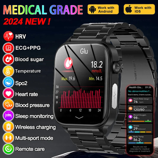 2024 New ECG+PPG Bluetooth Call Smartwatch Non-invasive Blood Glucose Men Full Touch Screen Sport Fitness Tracker Smart Watches