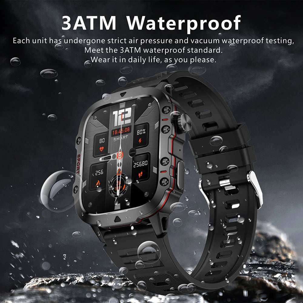 New Rugged Military Black Smart Watch Men For Android Xiaomi IOS 3ATM Waterproof Sport Fitness Ai Voice Smartwatch Outdoor 2024