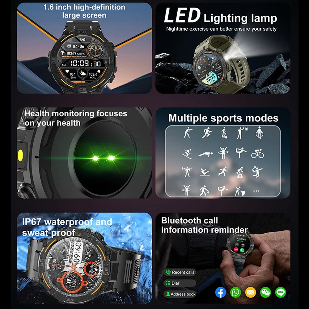 LED Flashlight Smartwatch Men Outdoor Sports Tracker Health Monitoring Voice Assistant Bluetooth Call Smart Watch Men 2024 New