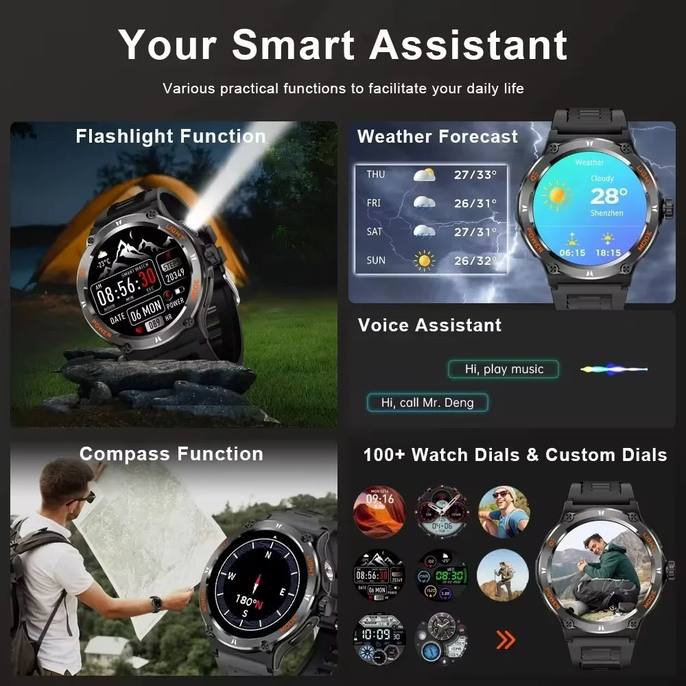 2024 New Outdoor fitness Sports Smart Watch Men Military grade Compass GPS Flashlight BT Call Waterproof For HUAWEI smartwatch