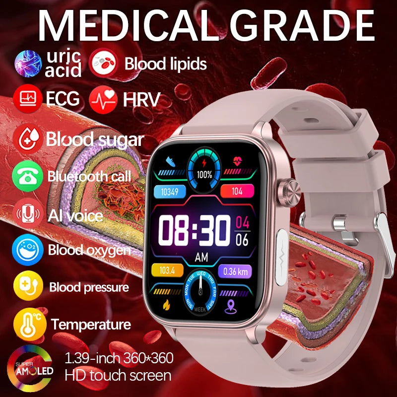 2024 AI Medical Diagnosis Blood Lipids Uric Acid Blood Glucose Smart Watch Men ECG+PPG Fitness Tracker Bluetooth call Smartwatch