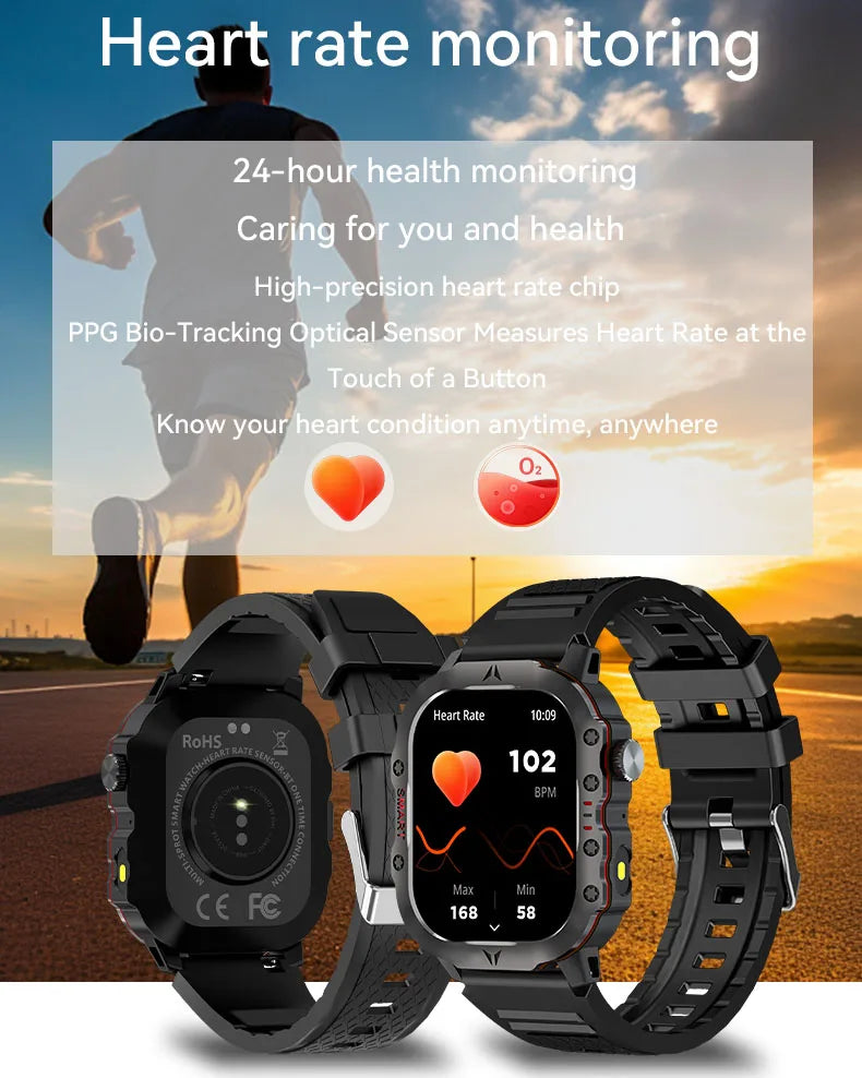 2024 New Watch For Android IOS Military Smart Watch Men IP68 Outdoor Sports Fitness Tracker Health Monitor 2.01 Inch Smartwatch