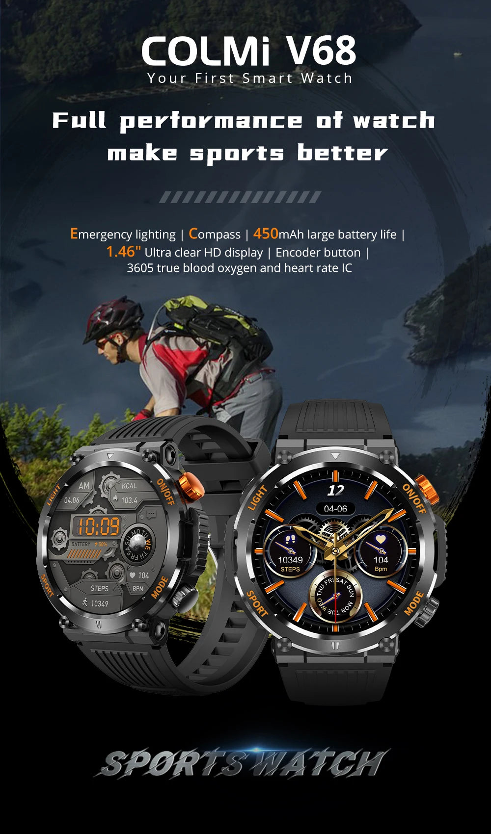 [2024] COLMI V68 1.46'' HD Display Smartwatch 100 Sports Modes Compass Flashlight Men Military Grade Toughness Smart Watch