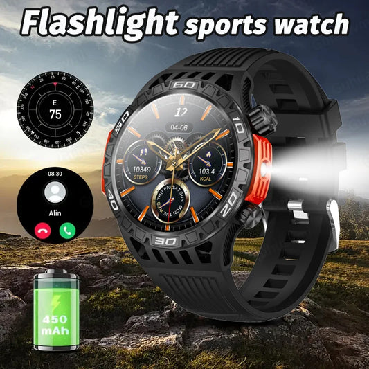 2024 New Outdoor Smart Watch Men With Flashlight Sport Fitness BT Call Blood Pressure IP68 Waterproof Smartwatch For Android iOS