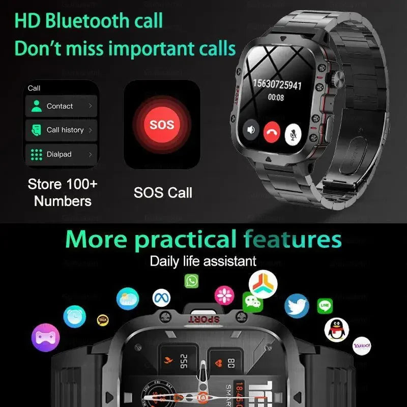 2024 New Rugged Military Smart Watch Men For Android IOS Ftiness Watch IP68 Waterproof 1.96'' AI Voice Bluetooth Call Smartwatch