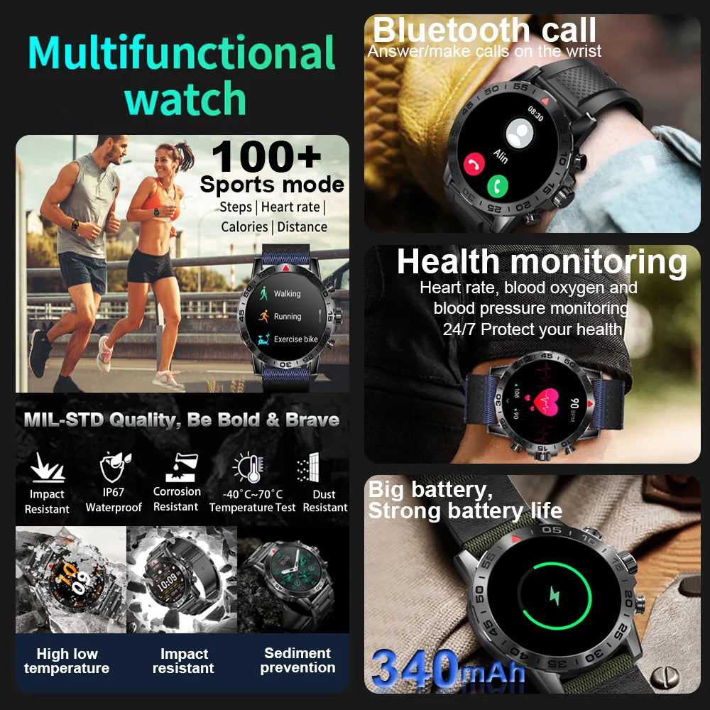 2024 New Bluetooth Call Smart Watch Men Heart Rate Sports Fitness Tracker Watches IP67 Waterproof Smartwatch Man For Android IOS