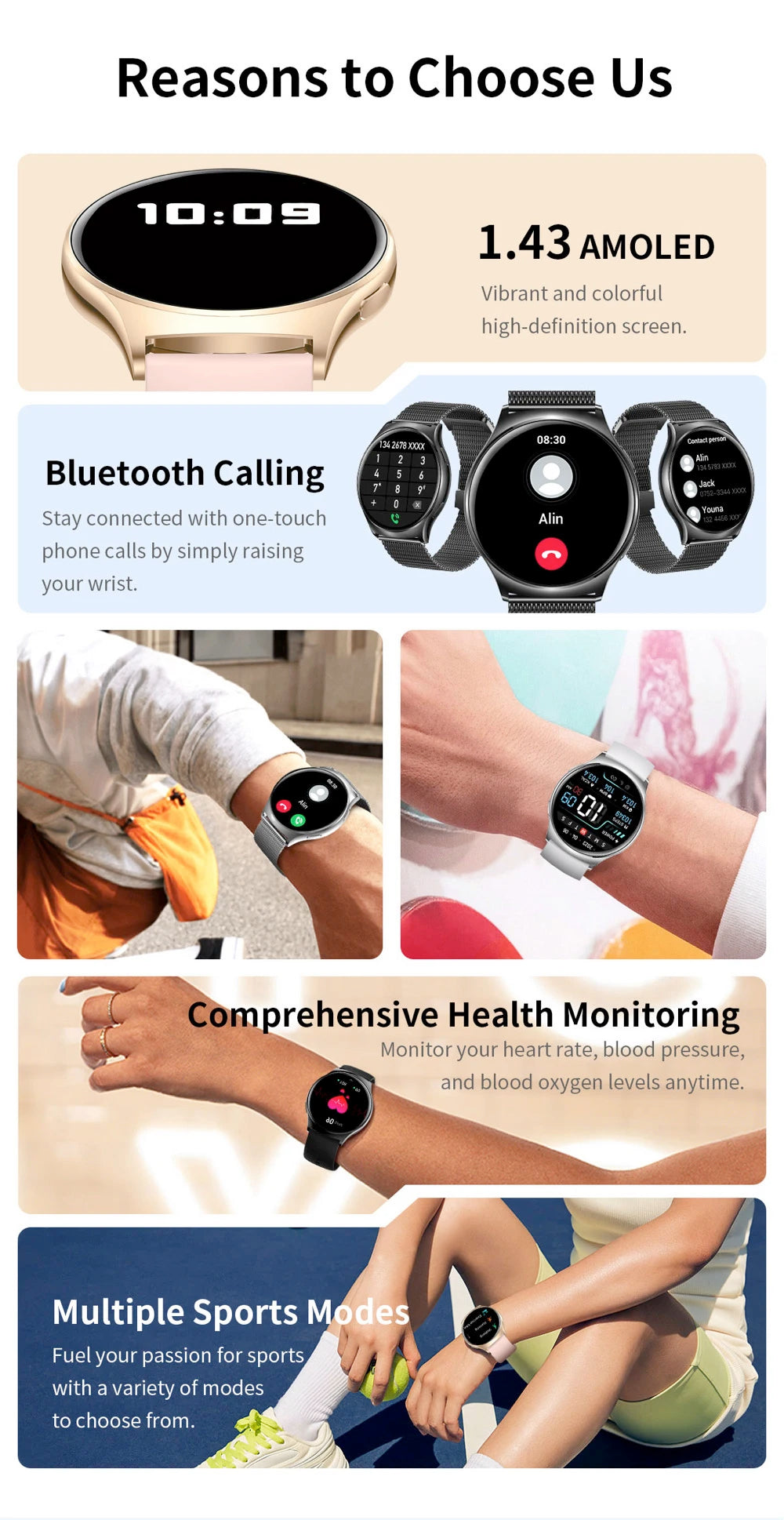 Men Women 1.43" AMOLED Screen Blue Tooth Call Smart Watch Heart Rate Waterproof 100+ Sport Modes Watches Music 2024 Smartwatch