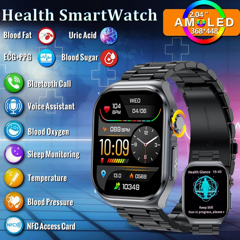 AMOLED ECG Smart Watch Men Blood Glucose Pressure Watches NFC Ip68 Waterproof 530mAh Uric Healthy Fitness  Smartwatch Women 2024