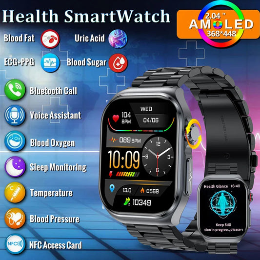 AMOLED ECG Smart Watch Men Blood Glucose Pressure Watches NFC Ip68 Waterproof 530mAh Uric Healthy Fitness  Smartwatch Women 2024