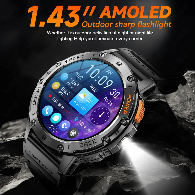 LIGE Outdoor Smartwatch For Men Bluetooth Call 530mAh Battery Flashlight AMOLED Watch Screen Sports Waterproof Smart Watch 2024