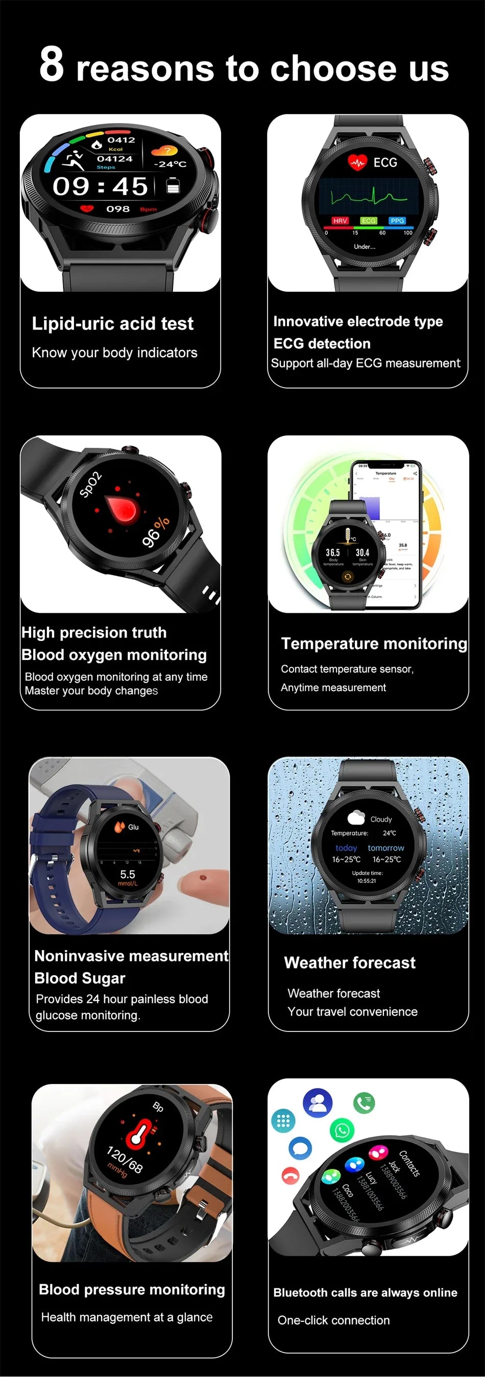 2024 New Uric Acid Non invasive Blood Glucose Smart Watch Mens Bluetooth Call Blood Lipid Blood Oxygen Blood Pressure Smartwatch