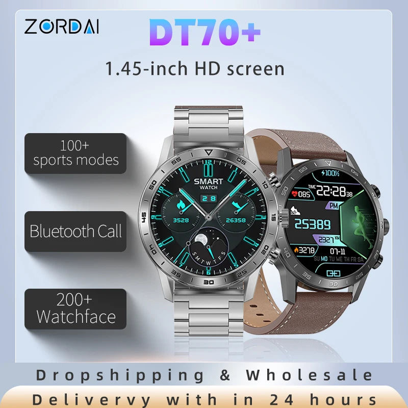 2024 DT70+ Smart Watch Stainless Steel Business Fitness Wristwatch 1.45 Round Screen Bluetooth Call Smartwatch for Men Women