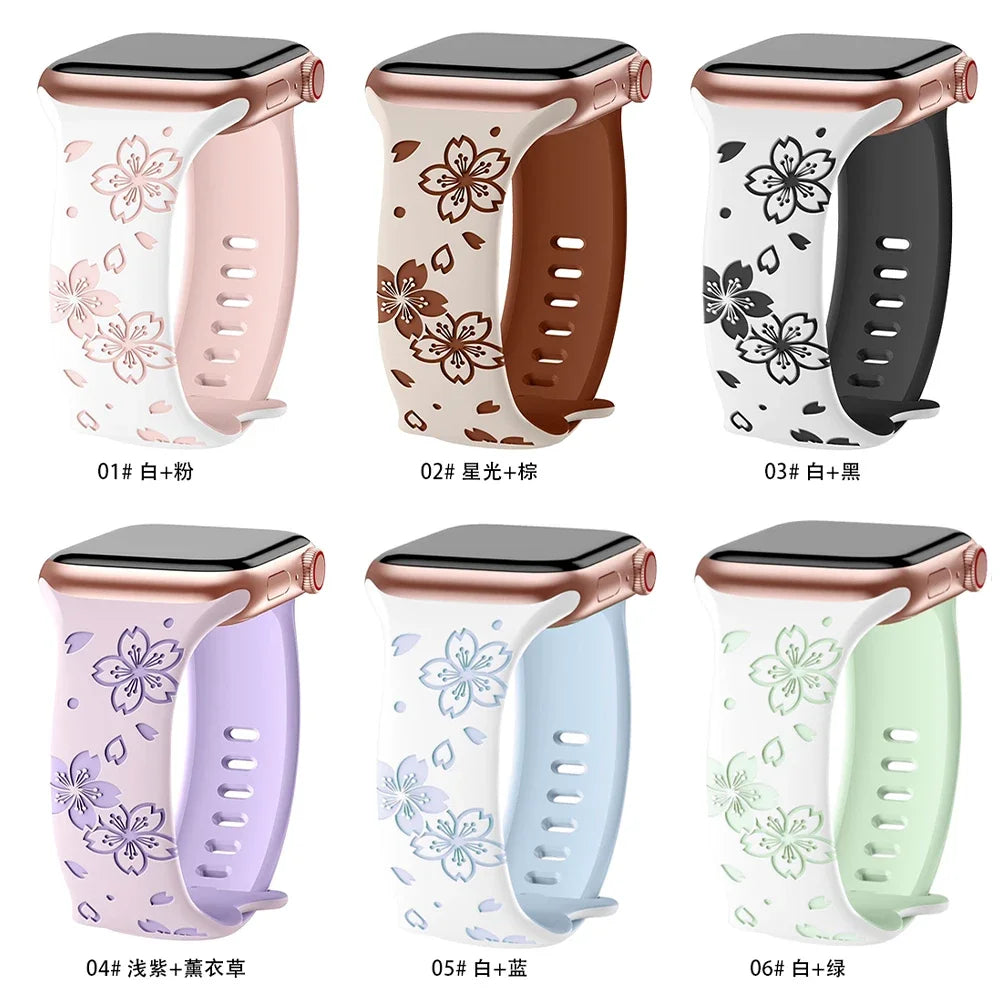 Silicone Band for Apple Watch Series 9 8 7 41mm 45mm Ultra 2 49mm Two-Tone Engraved Floral Strap for iWatch 6 5 4 Se 40 42 44 mm