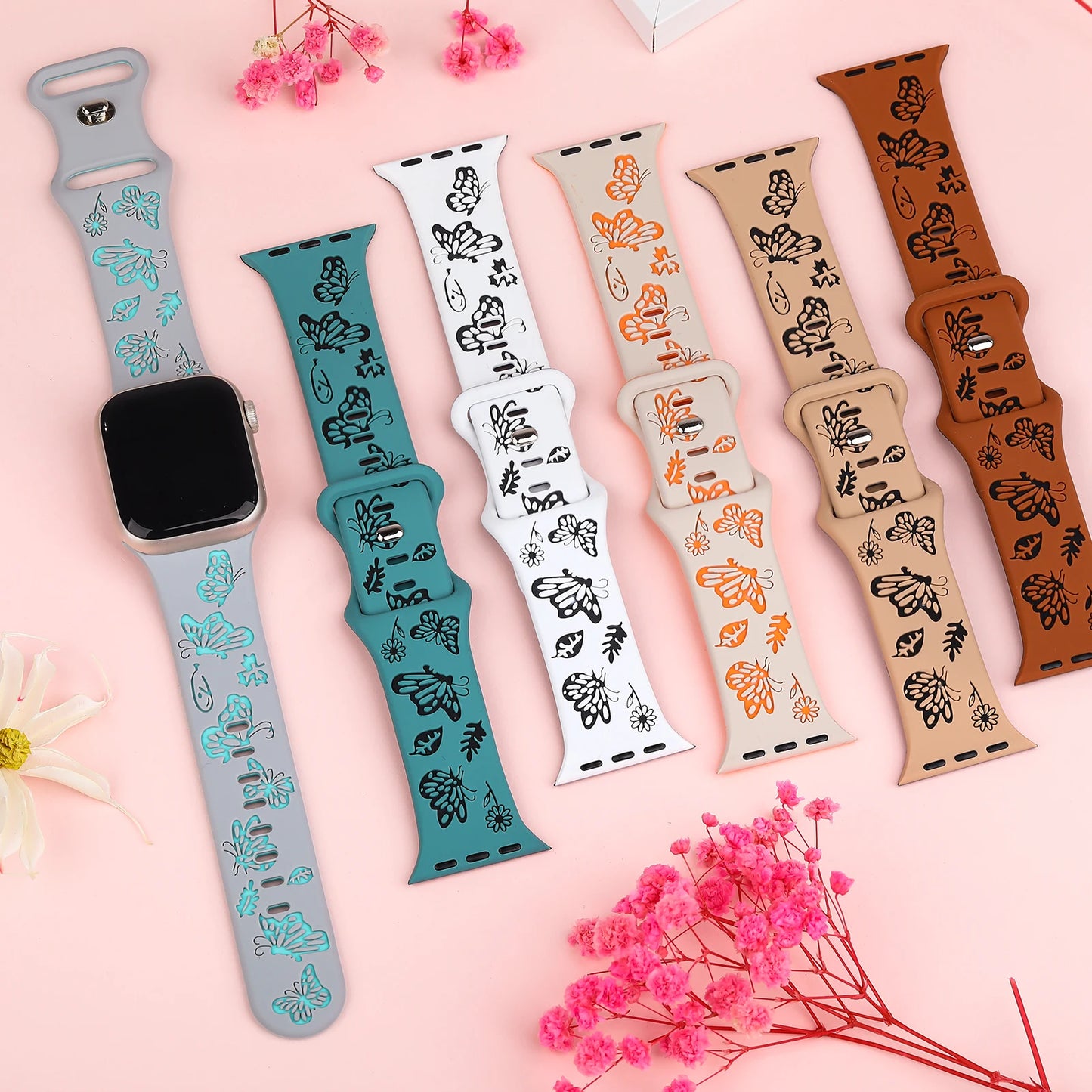 Engraved Strap For Apple Watch Band 45mm 44mm 42mm 41mm 40mm 49mm 38MM Silicone Correa Bracelet Series 8 9 7 SE 6 5 4 3 Ultra 2