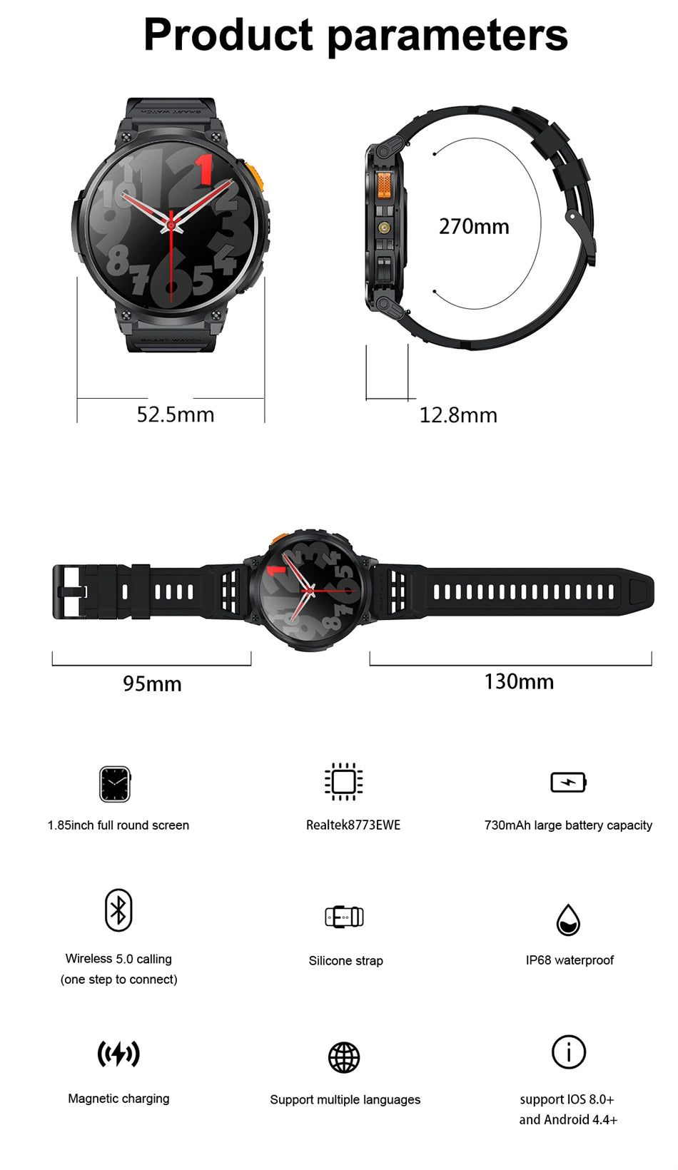 2024 Smart Watch Men 1.85'' Screen Outdoor Sport Heart Rate Flashlight Watch 730mAh Battery Waterproof Wireless Call Smartwatch