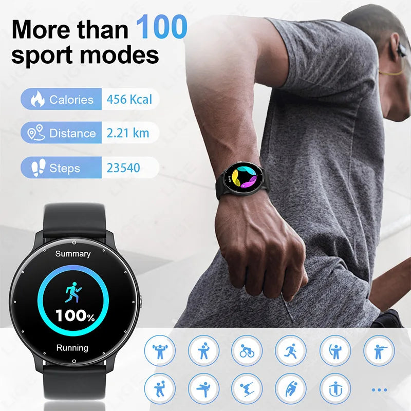 LIGE 2024 New Smart Watch Men Full Touch Screen Sport Fitness Watch IP67 Waterproof Bluetooth For Android IOS Smartwatch Men