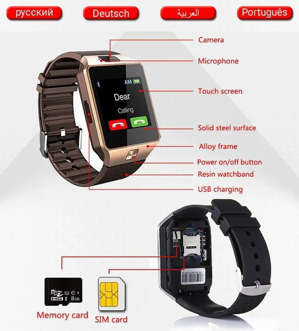 Touchscreen Bluetooth DZ09 Smart Watch Support SIM Card Multiple Languages Sports Fitness Tracker Camera Wrist Smart Phone Watch