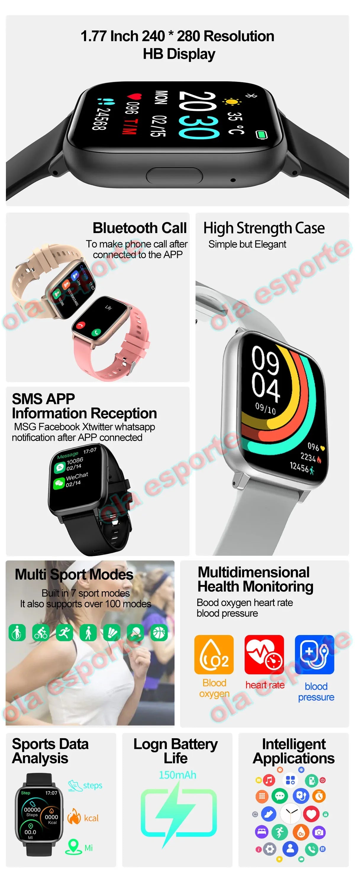 2024 New Smart Watch Support Bluetooth Phone Call Large 1.77" Blood Oxygen Heart Rate Monitor Sport Fitness Smartwatch Women Men