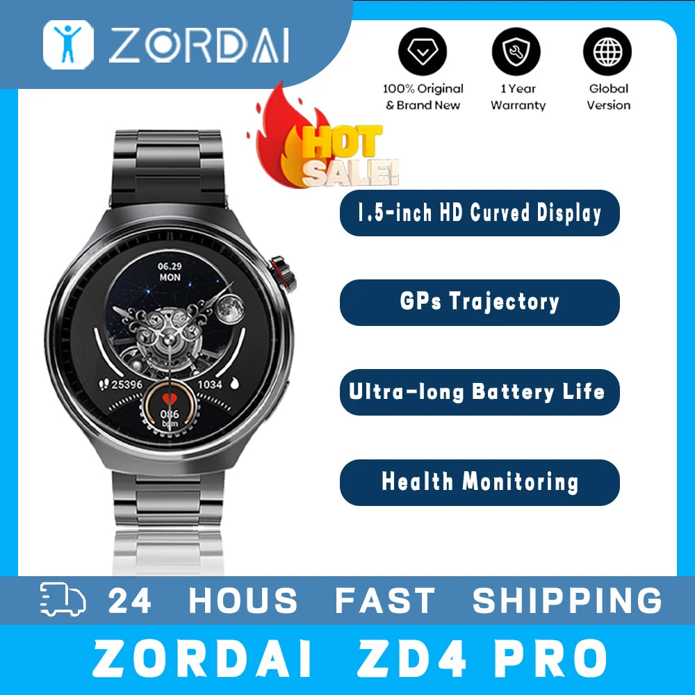 Zordai ZD4Pro GPS Smart Watch Men For Huawei GT4 Pro Sphere Screen Heart Rate Bluetooth Call IP68 Waterproof Smartwatch 2024 New