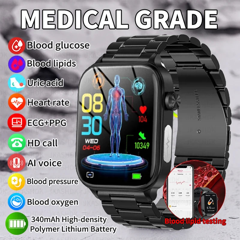 2024 New Blood Lipids Blood Glucose Smart Watch For Men ECG+HRV Fitness Tracker Bluetooth Call Clock Uric Acid Health Smartwatch