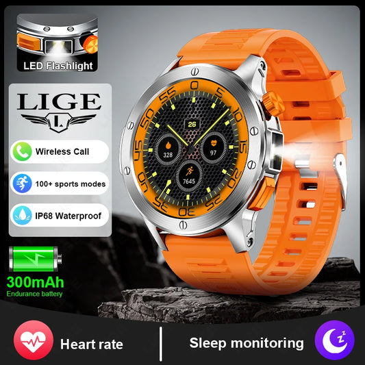 LIGE Smart Watch Men 1.39 '' HD Screen 300mAh LED Flashlight Wireless Call Outdoors Sports Blood Oxygen Monitor Smartwatch 2024