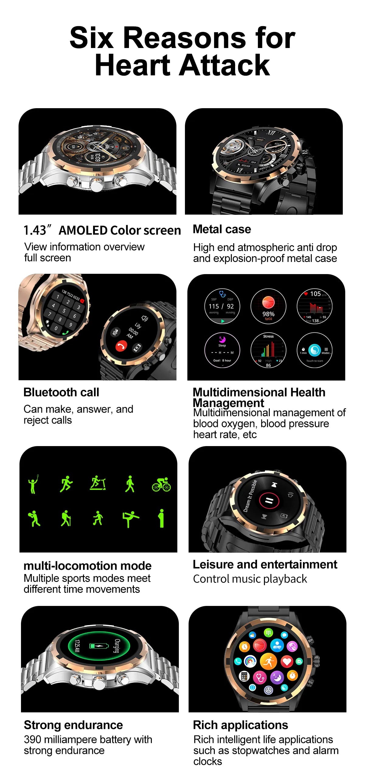 2024 New For Huawei Xiaomi Men Smartwatch Bluetooth Call 1.43" AMOLED HD Screen IP67 Waterproof 390Mah Battery NFC Smartwatch