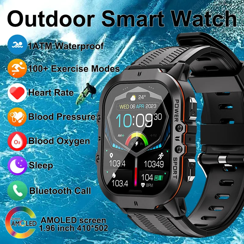 For Android IOS Smart Watch Men Bluetooth Call AMOLED 1ATM Waterproof Smartwatch Men 2024 Health Monitor Clock Fitness Tracker