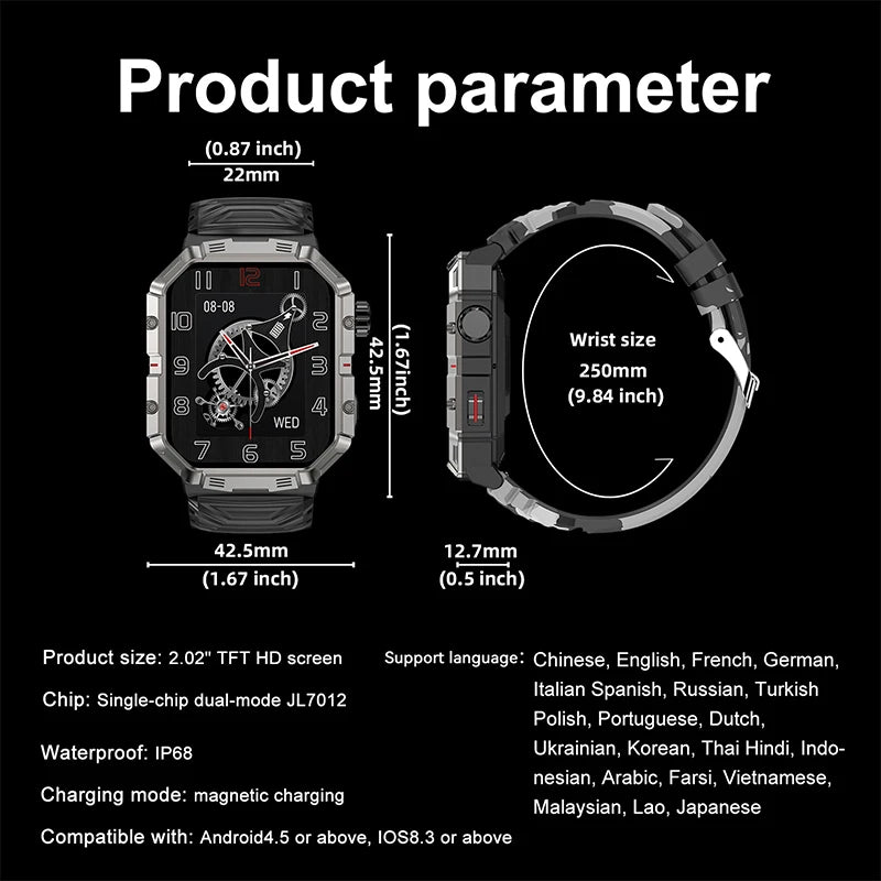 2024 New Military Smart Watch Men IP68 2.01 Inch Screen Outdoor Sports Fitness Tracker Health Monitor Bluetooth Call Smartwatch