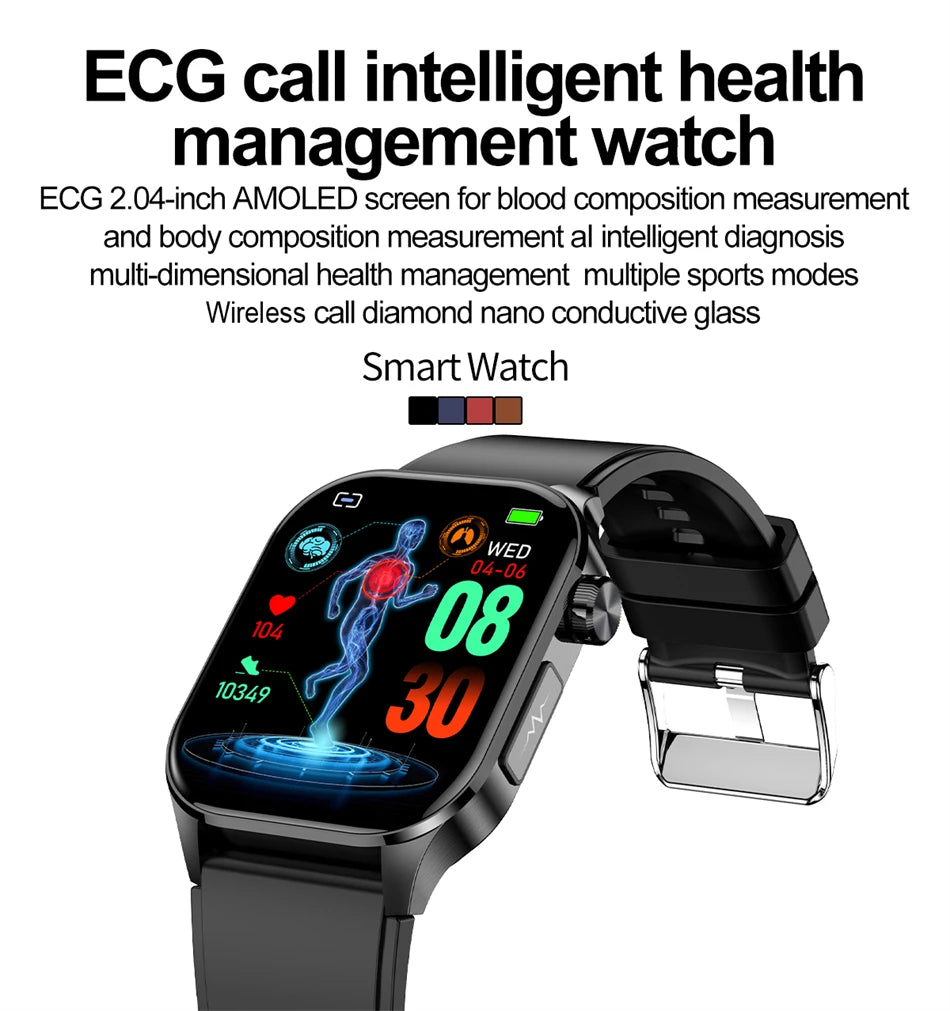 ECG Heart Monitor SOS Bluetooth Call Waterproof Sports Smartwatch 2.04'' HD Screen AI Medical Diagnosis Men Smart Watch 2024 New