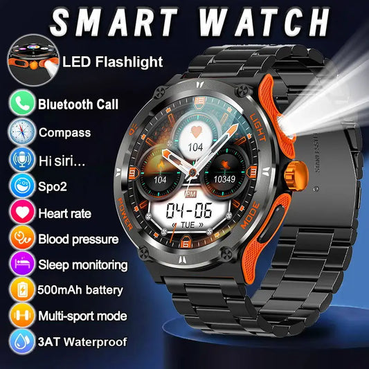 2024﻿ New For Xiaomi Military grade Outdoors Smart Watch Men LED Light Compass 3ATM Waterproof Bluetooth Call Fitness Smartwatch